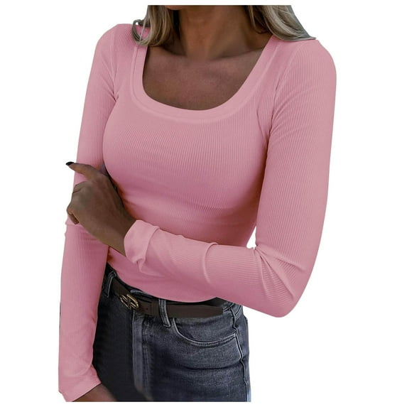 eileial Womens Long Sleeve Scoop Neck Ribbed Knit Fitted Casual Tops Tee Slim Basic Shirts Fall Going Out Sexy T-Shirts,Pink XXL
