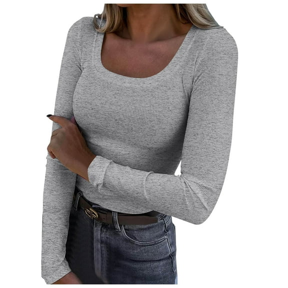 eileial Womens Long Sleeve Scoop Neck Ribbed Knit Fitted Casual Tops Tee Slim Basic Shirts Fall Going Out Sexy T-Shirts,Gray 3XL