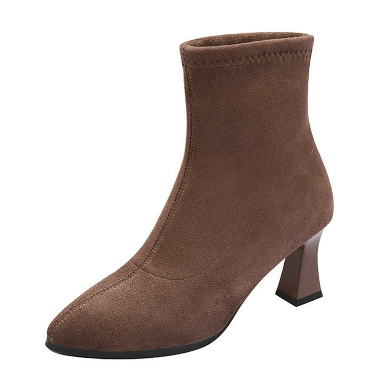 eileial Womens Suede Fall Boots Side Zip Ankle Boots Pointed Toe Mid Calf Boots Kitten Heel Boots Dressy Short Boots Khaki 7 Walmart