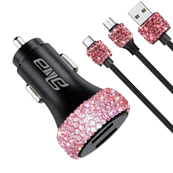eing Car Charger 3 Pack Crystal Rhinestones Cell Phone Set (Bling Dual USB Charger 3.3f Micro USB Cable & USB C Cable) Compatible with Samsung Galaxy Android Bling Accessories for Women Girls, Pink