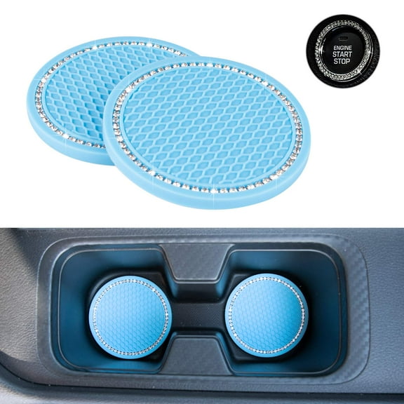 eing Car Coasters PVC Travel Bling Auto Cup Holder Insert Coaster Anti Slip 2pcs Crystal Vehicle Interior Accessories Cup Mats (2.75" Diameter) + 2Pcs Auto Start Decor,Light Blue
