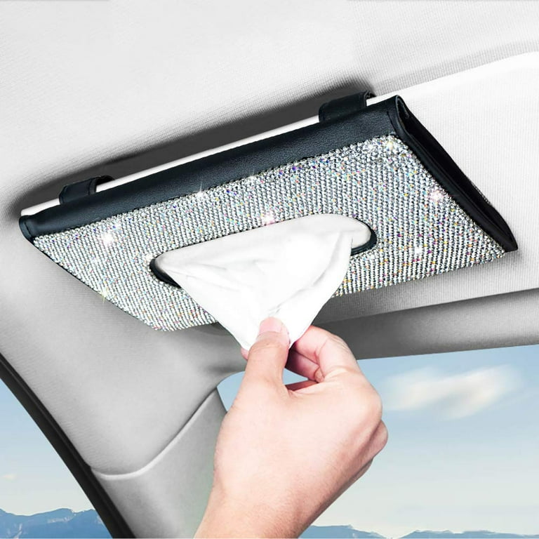 Eing Car Tissue Holder Bling Cute Car Accessories for Women Sparkly Leather Sun Visor Napkin Hanging Stuff with Crystal Diamonds Black