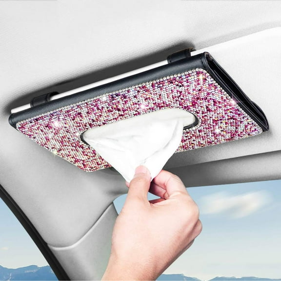 eing Car Tissue Holder Bling Cute Car Accessories for Women Sparkly Leather Sun Visor Napkin Hanging Stuff with Crystal Diamonds, Pink
