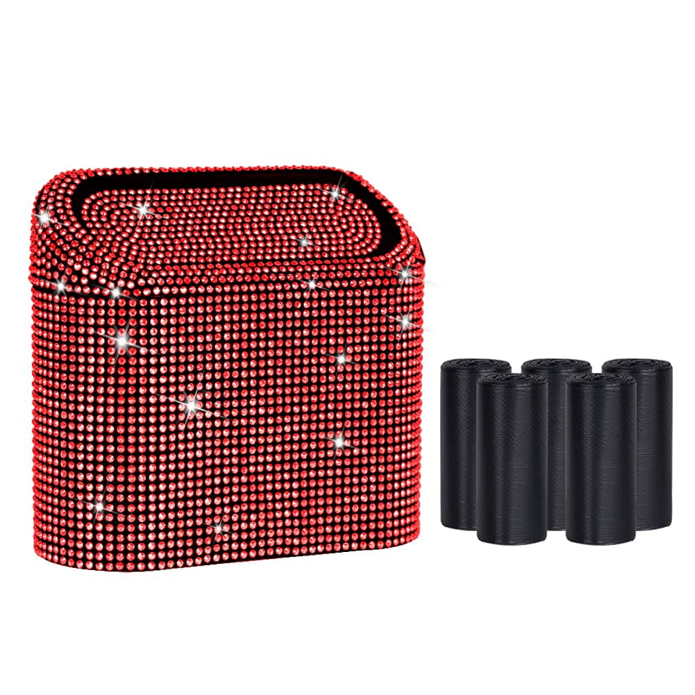 Idain Sparkly Rhinestone Car Trash Can With Lid - Hanging Garbage Bin For Car, Office, Or Home (Black)