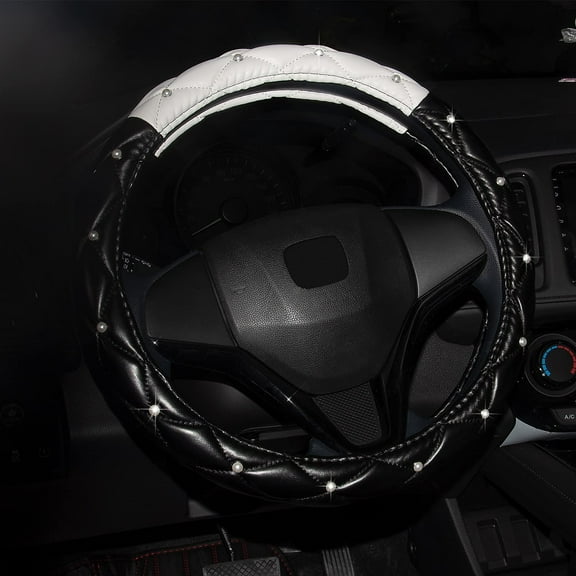 eing Leather Car Steering Wheel Cover with Pearls, Universal 15 inch Breathable Anti Slip Auto Steering Wheel Covers, Black+White