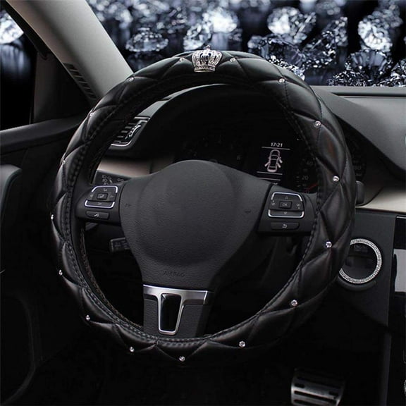 eing Pu Leather Steering Wheel Cover,Bling Crystal Crown Steering Wheel Cover Universal Fit 15" Car Wheel Protector for Women Girls