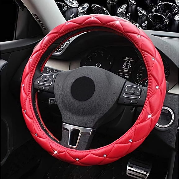 eing Pu Leather Steering Wheel Cover,Bling Crystal Steering Wheel Cover Universal Fit 15" Car Wheel Protector for Women Girls,Red