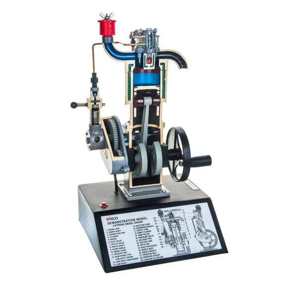 eisco labs 4 stroke diesel hand crank model with actuating movable parts to demonstrate engine basics - 16" tall