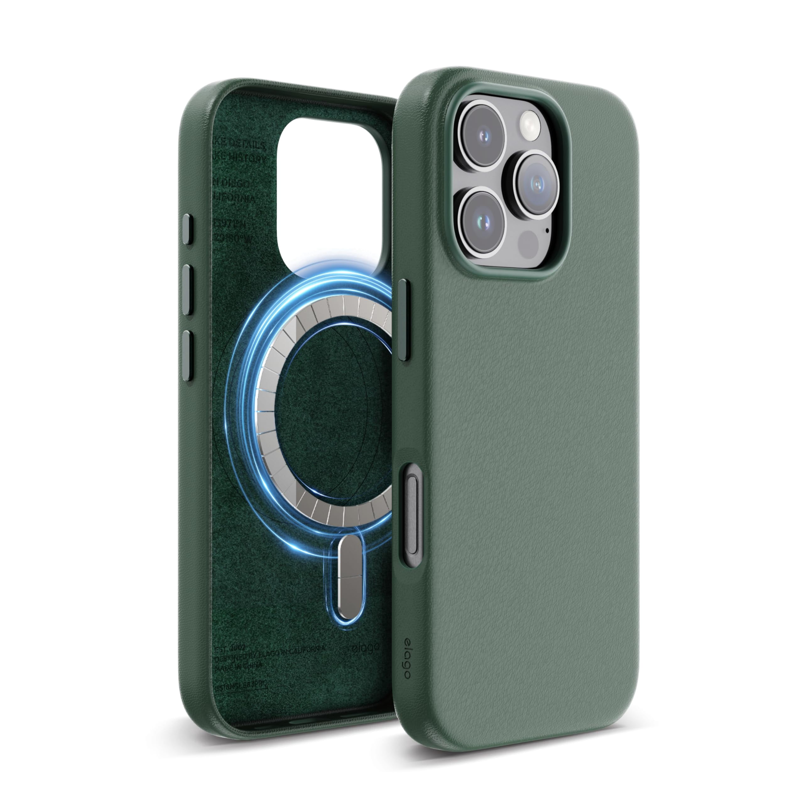 elago Magnetic Leather Case Compatible with iPhone 16 Pro Case, Compatible with All MagSafe Accessories, 6.3 inch - Built-in Magnets, Vegan Leather, Shockproof, Water-Resistant [Midnight Green]