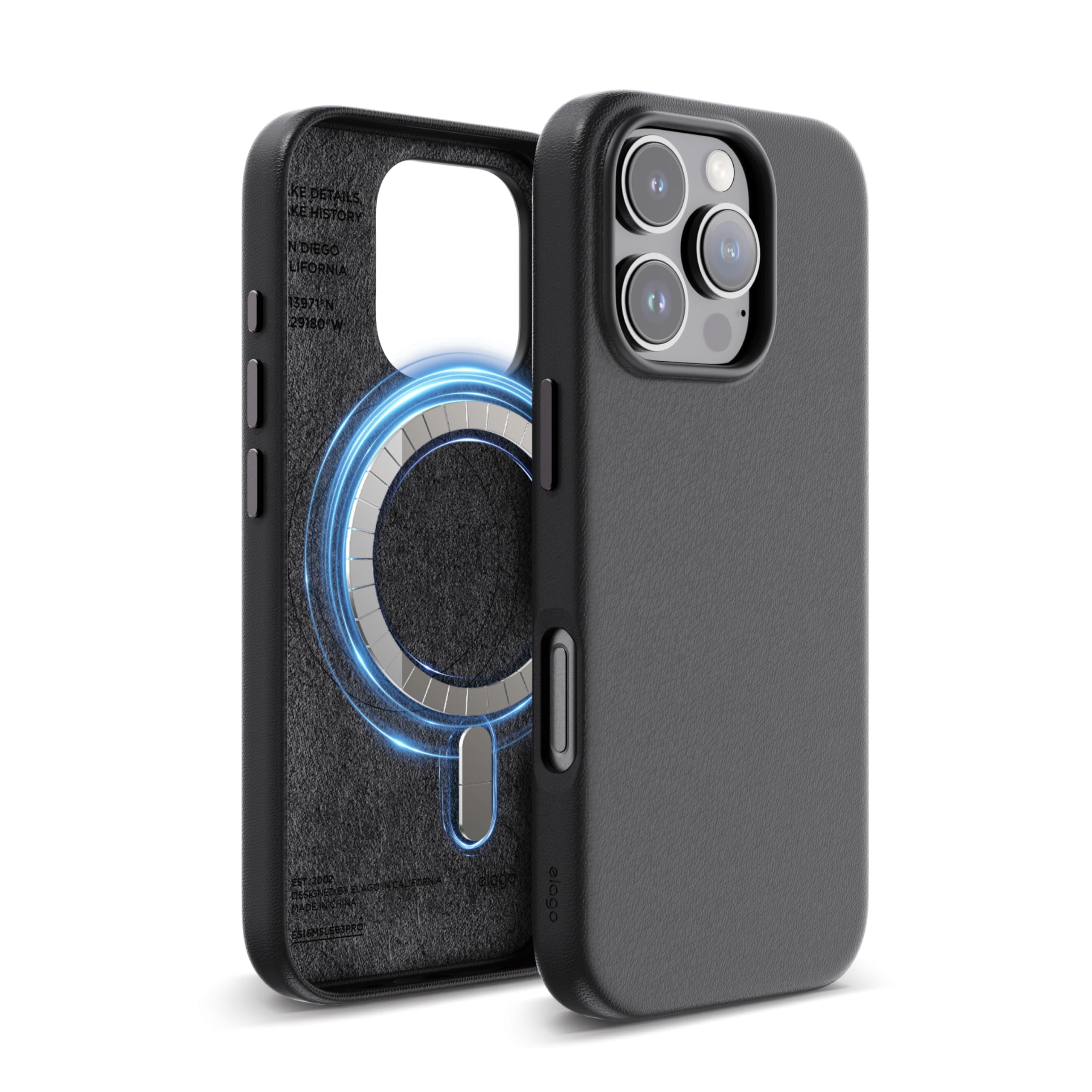elago Magnetic Leather Case Compatible with iPhone 16 Pro Case, Compatible with All MagSafe Accessories, 6.3 inch - Built-in Magnets, Vegan Leather, Shockproof, Water-Resistant [Black]