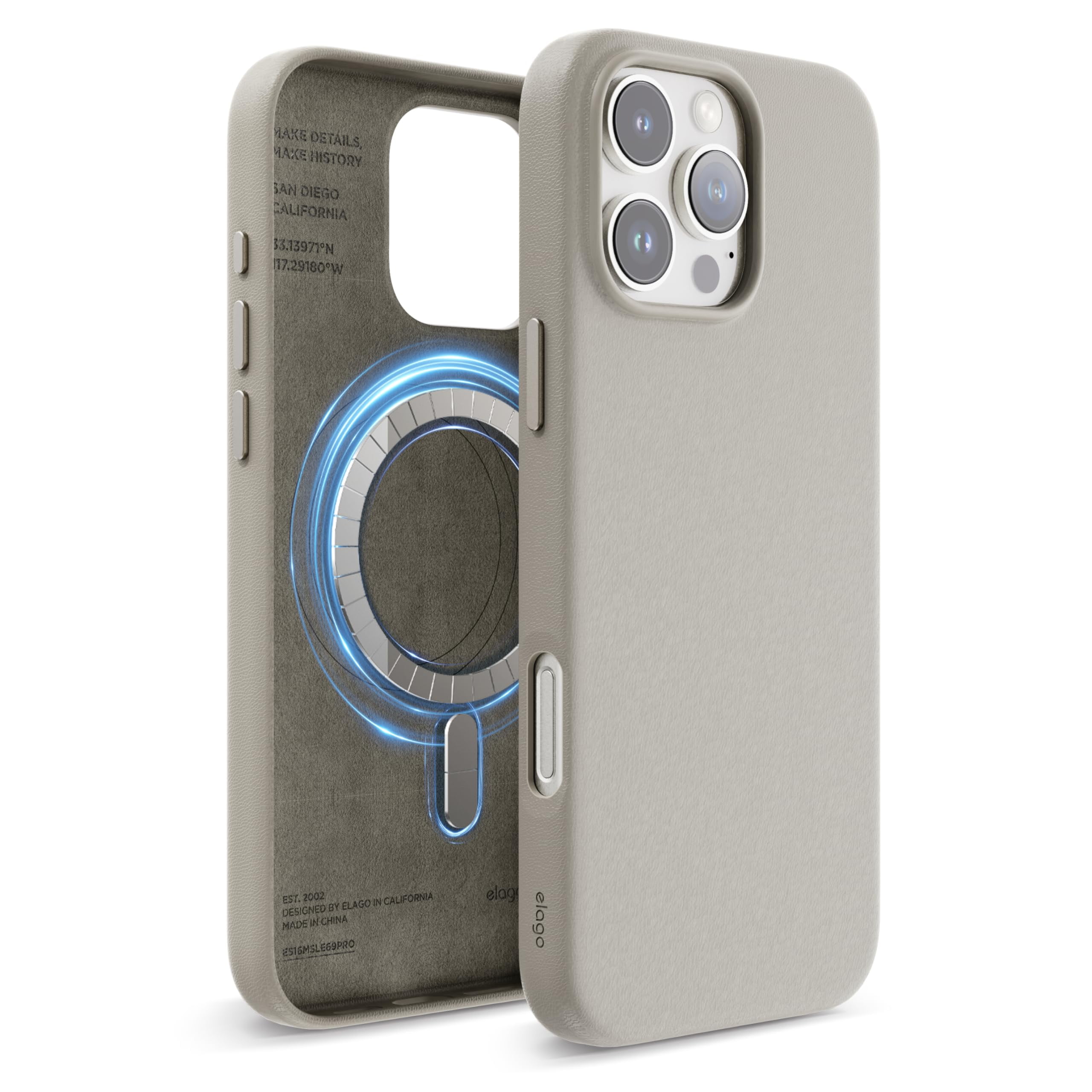 elago Magnetic Leather Case Compatible with iPhone 16 Pro Max Case, Compatible with All MagSafe Accessories, 6.9 inch - Built-in Magnets, Vegan Leather, Shockproof, Water-Resistant [Light Grey]