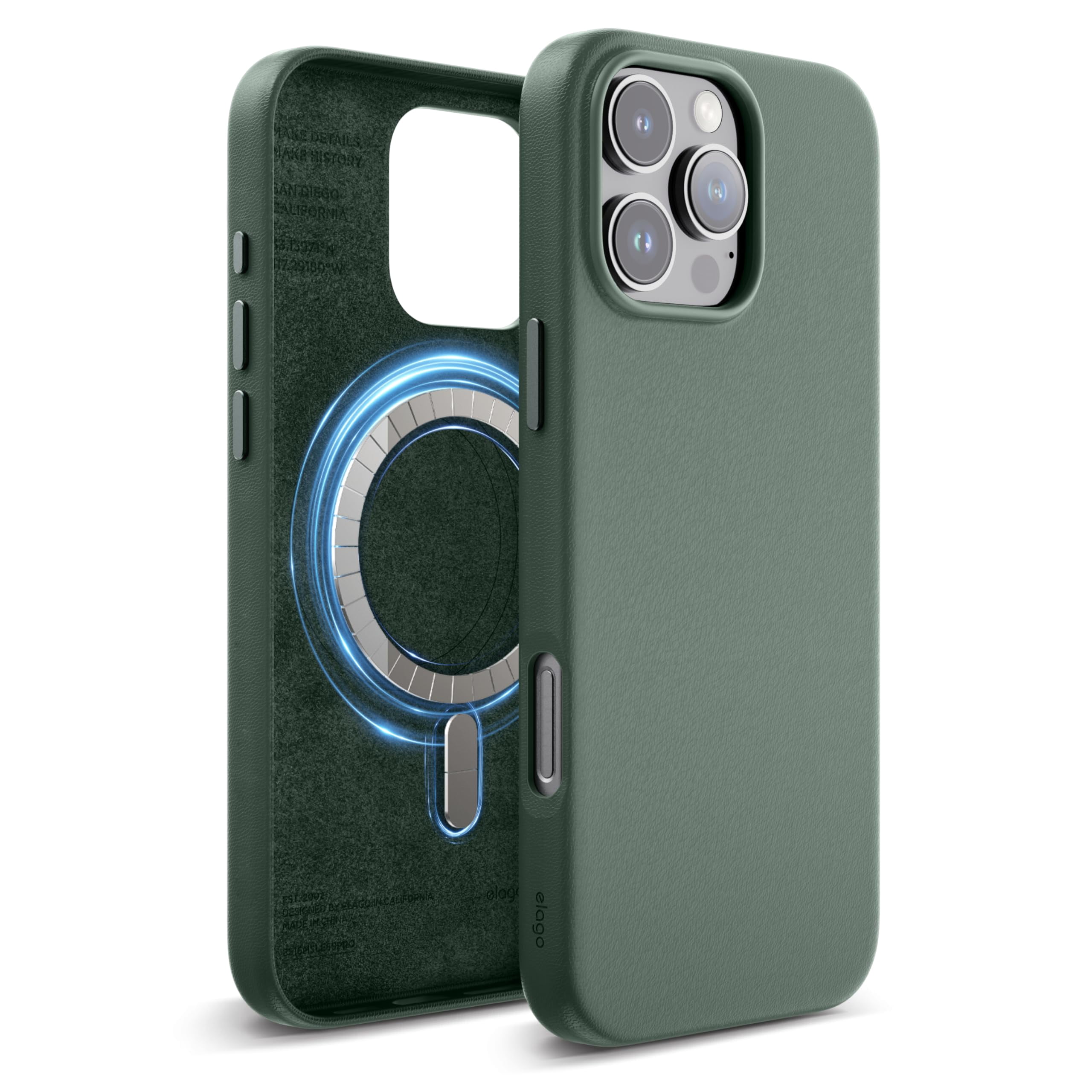 elago Magnetic Leather Case Compatible with iPhone 16 Pro Max Case, Compatible with All MagSafe Accessories, 6.9 inch - Built-in Magnets, Vegan Leather, Shockproof, Water-Resistant [Midnight Green]