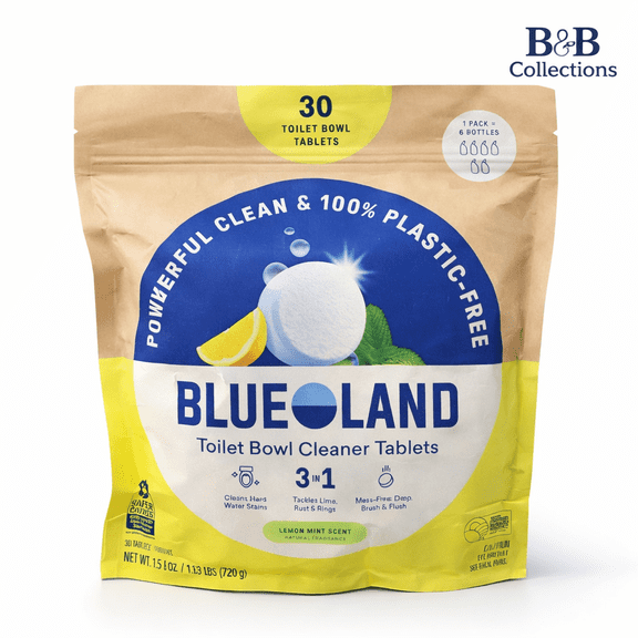 Blueland Toilet Bowl Cleaner Tablets, Lemon Mint Scent, 30 Count, Plastic-Free Cleaning Tablets, 3-in-1 Hard Water & Limescale Remover