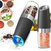 BN-LINK Gravity Electric Pepper and Salt Grinder Set, 2pack Battery Operated Automatic Pepper Mill Grinder with LED Light, Adjustable Coarseness, One Hand Automatic Operation, for Home Kitchen BBQ