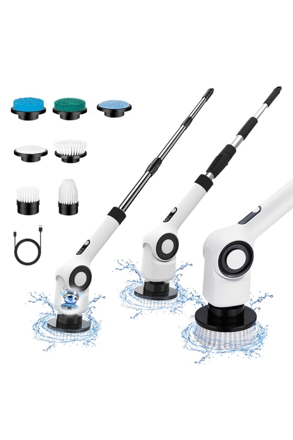 Electric Spin Scrubber, Cordless Cleaning Brush Scrubber with 7 Replaceable Brush Heads, Adjustable Length and Angle, 3 Speeds, Waterproof Bathroom Scrubber for Bathtub Kitchen Wall Cleaning