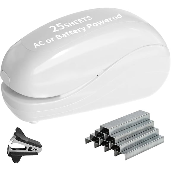 This electric stapler includes 2000 staples and a staple remover. It has a comfortable grip, a 25-sheet capacity, and can be powered by an AC adapter or batteries (batteries not included).
