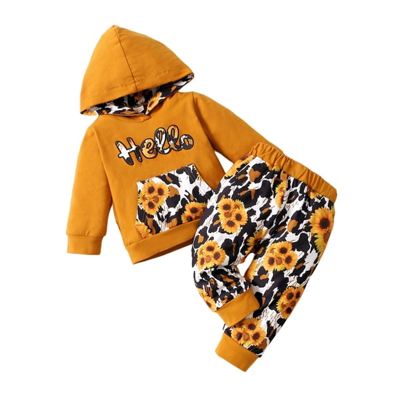 elfinBE Baby Unisex Child Infant Toddler Floral Printed Hooded Pocket Long Sleeve Top And Pants 2PCs Outfits Set, 3-24M,2-4T