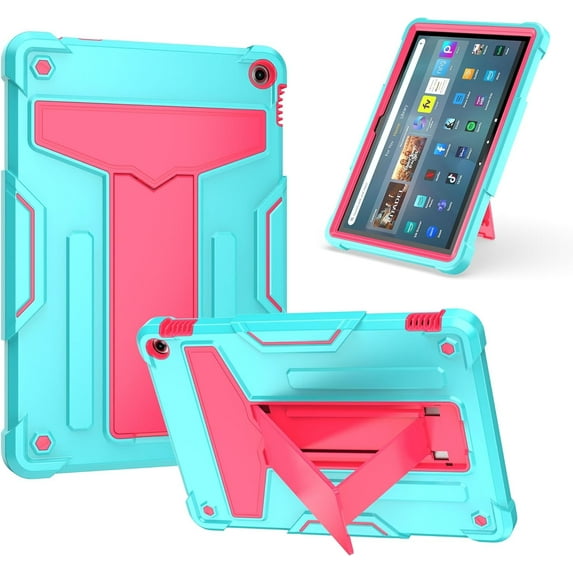 elitegadget Case for Amazon Fire HD 10 (13th Generation, 2023 Released) - Heavy Duty Hybrid Kickstand Case Cover + 1 Screen Protector and 1 Random Stylus (Teal/Pink)