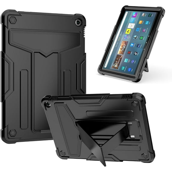elitegadget Case for Amazon Fire HD 10 (13th Generation, 2023 Released) - Heavy Duty Hybrid Kickstand Case Cover + 1 Screen Protector and 1 Random Stylus (Black/Black)