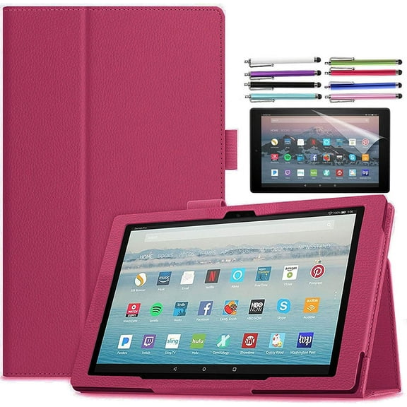 elitegadget Case for Amazon Fire HD 10 (13th Generation, 2023 Released) - Lightweight Folio Stand PU Leather Cover Case + 1 Screen Protector and 1 Stylus (Pink)