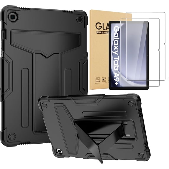 elitegadget Case for Samsung Galaxy Tab A9+ 11" Inch Tablet (SM-X210/X215/X216) (2023 Released) - Protective Hybrid Case Cover with Kickstand + 2 Pieces Glass Screen Protector (Black/Black)