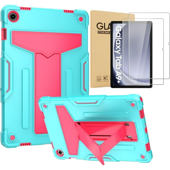 elitegadget Case for Samsung Galaxy Tab A9+ 11" Inch Tablet (SM-X210/X215/X216) (2023 Released) - Protective Hybrid Case Cover with Kickstand + 2 Pieces Glass Screen Protector (Teal/Pink)