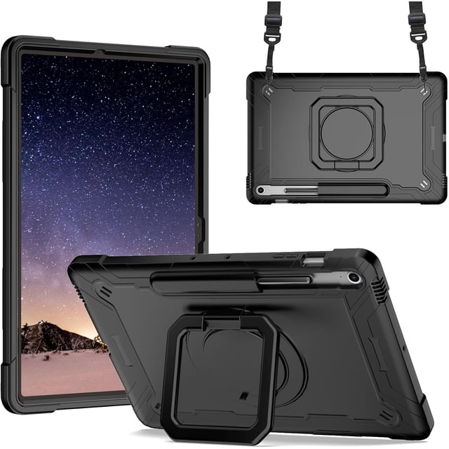elitegadget Case for Samsung Galaxy Tab S10 FE+/S10 FE Plus 13.1 Inch 2025 Released - Dual Layer Protective Heavy Duty Impact Resistant Case Cover with Rotating Ring Stand (Black/Black)