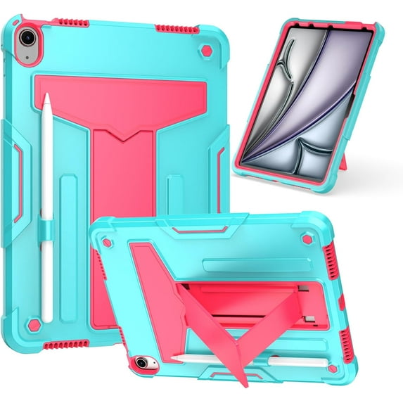 elitegadget Case for iPad Air 11 Inch (M2, 6th Generation 2024) - Dual Layer Protective Hybrid Cover Case with Kickstand (Teal/Pink)