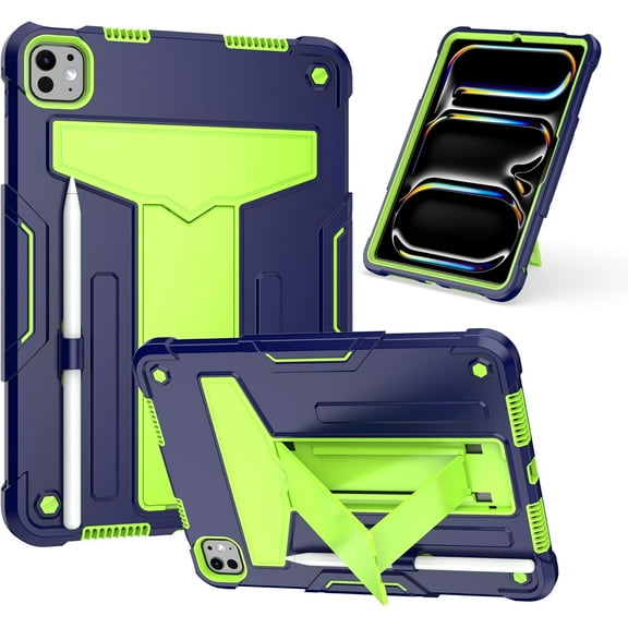 elitegadget Case for iPad Pro 11 Inch (M4, 5th Generation 2024) - Dual Layer Protective Hybrid Cover Case with Kickstand (Navy Blue/Green)