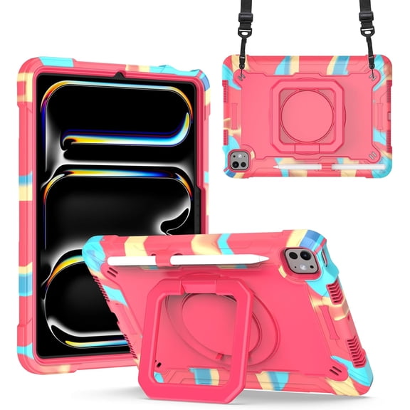 elitegadget Case for iPad Pro 11 Inch (M4, 5th Generation 2024) - Dual Layer Protective Heavy Duty Impact Resistant Case Cover with Rotating Ring Stand (Candy/Pink)