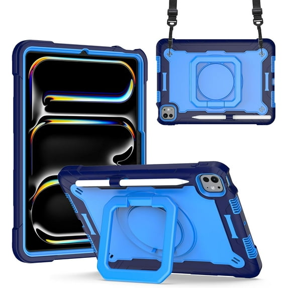 elitegadget Case for iPad Pro 11 Inch (M4, 5th Generation 2024) - Dual Layer Protective Heavy Duty Impact Resistant Case Cover with Rotating Ring Stand (Navy Blue/Blue)