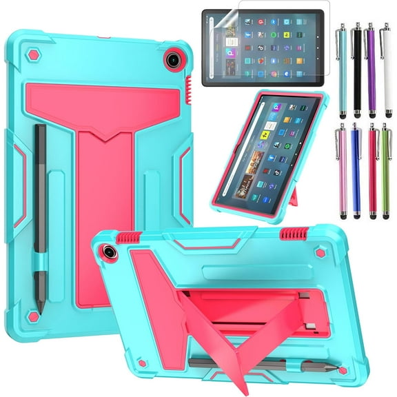 elitegadget Hybrid Case for Amazon Fire Max 11 (13th Generation, 2023 Released) - Heavy Duty Protective Cover Case with Kickstand + 1 Screen Protector and 1 Random Stylus (Teal/Pink)