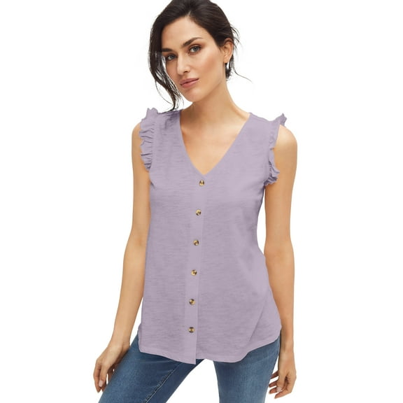 Ellos Plus Size Button-Front Ruffle Sleeve Tank