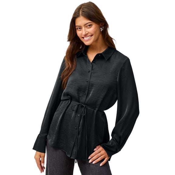 ellos Plus Size Button Front Satin Tunic With Self Belt