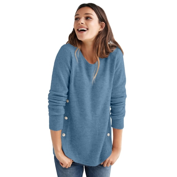 Ellos Plus Size Stretch Scoop Neck Curved Hem With Buttons Pullover Sweater