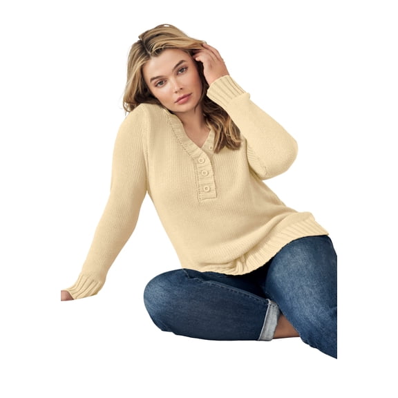 ellos Plus Size Button Y-Neck Sweater