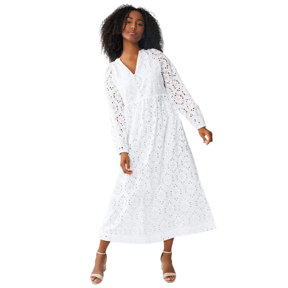 Ellos Plus Size 100% Cotton V-Neck Fit And Flare Blouson Sleeve Eyelet Midi Dress