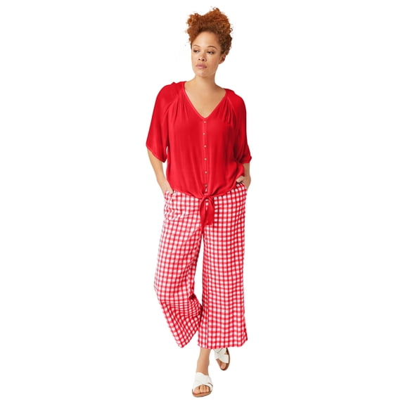 Ellos Plus Size 100% Cotton Wide Leg Gingham Seersucker Back Elastic Waist Crop Pants