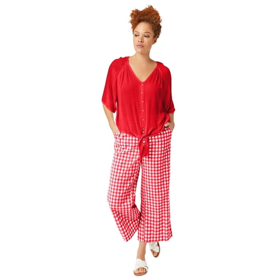 Ellos Plus Size 100% Cotton Wide Leg Gingham Seersucker Back Elastic Waist Crop Pants