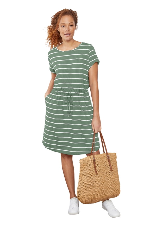 Plus Size 100% Cotton Cinched-Waist Drawstring Midi Dress