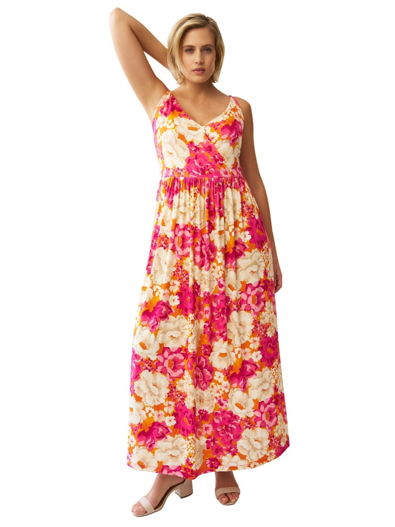 ellos Stretch Knit Surplice Tank Maxi Dress - 3X, Pink Multi Floral