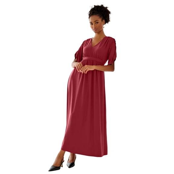 ellos Plus Size Stretch Knit V-Neck Short Sleeve Tie Back Maxi Dress