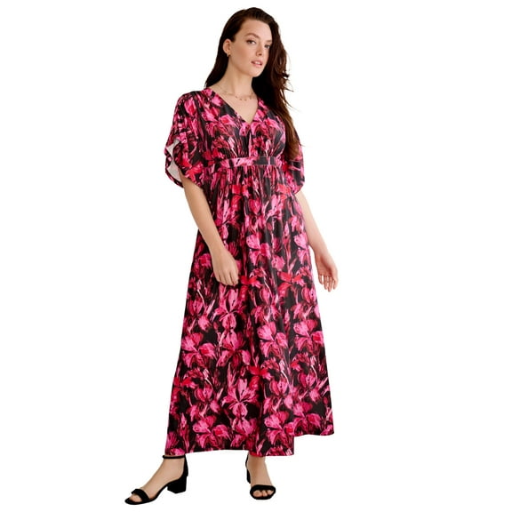 ellos Plus Size Stretch Knit V-Neck Short Sleeve Tie Back Maxi Dress