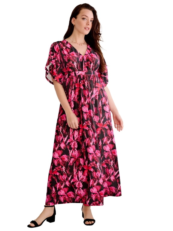 Plus Size Stretch Knit Fit And Flare Elbow-Length Sleeve Tie-Back Maxi Dress