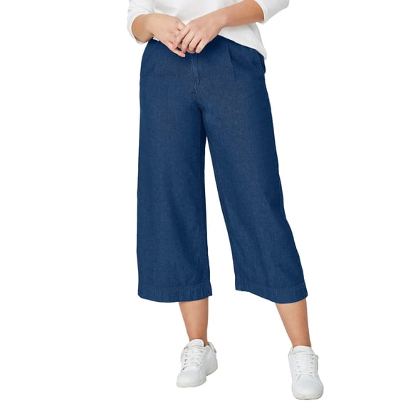 Ellos Plus Size 100% Cotton Mid-Rise Lightweight Denim Elastic Waist Wide-Leg Crop Trouser Jeans