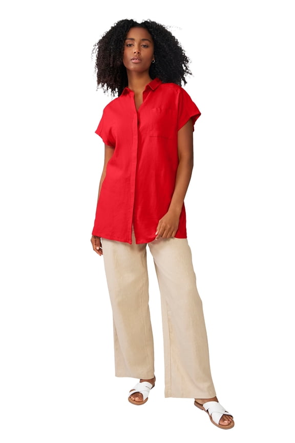 Plus Size Linen-Blend Button Front Tunic