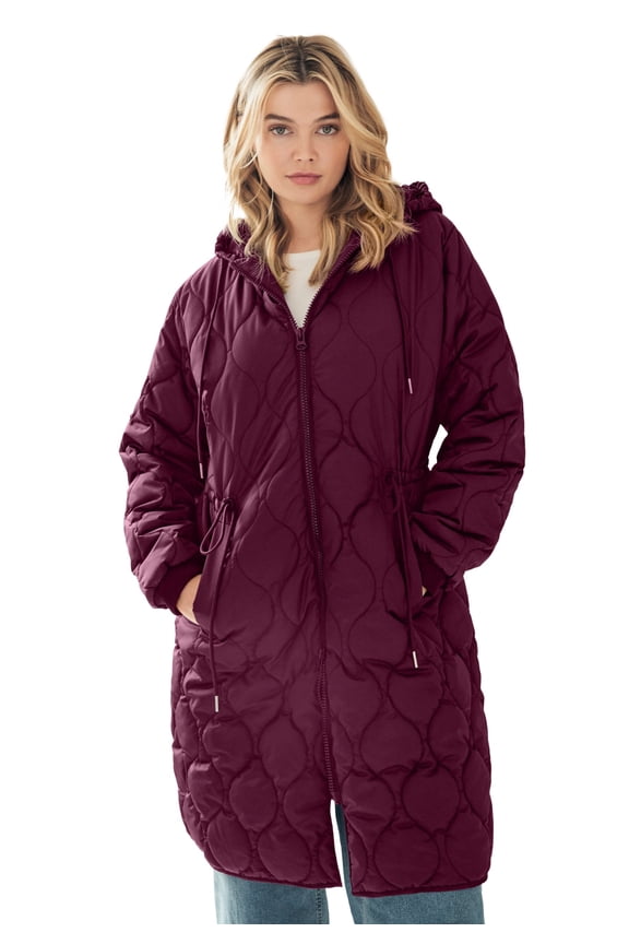 Plus Size Long Quilted Jacket With Drawstring Waist