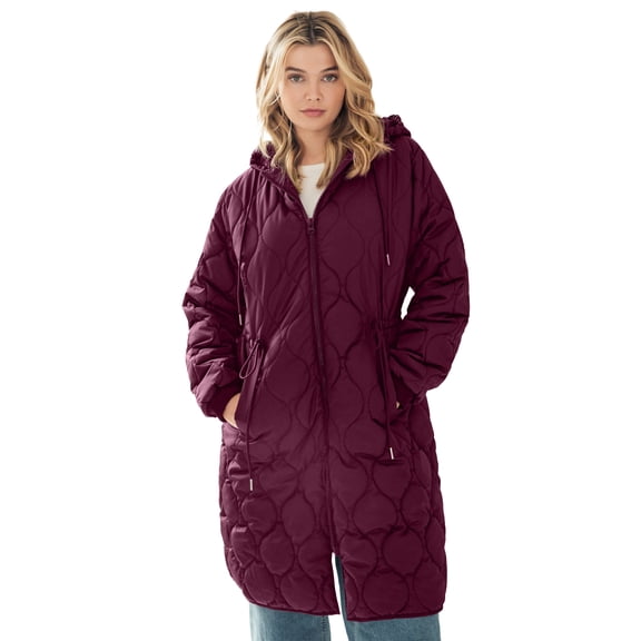 ellos Plus Size Long Quilted Jacket With Drawstring Waist