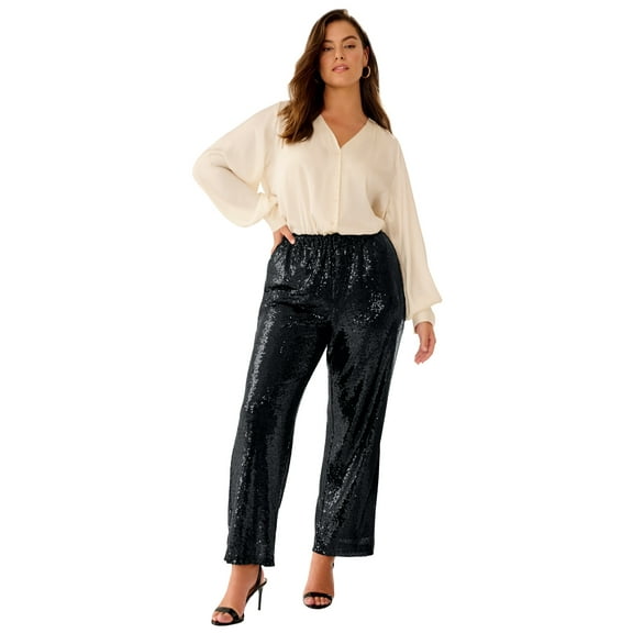 ellos Plus Size Relaxed Sequin Pants With Elastic Waist