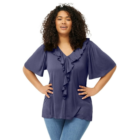 ellos Plus Size Stretch Knit V-Neck Ruffle Front Tunic